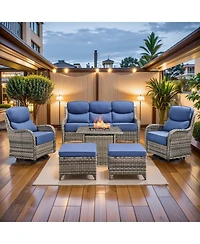 Pocassy Patio Furniture Set with Fire Pit Table, Outdoor Conversation Sets, 6 Pieces 7 Seats Wicker Outside Sectional Sofa