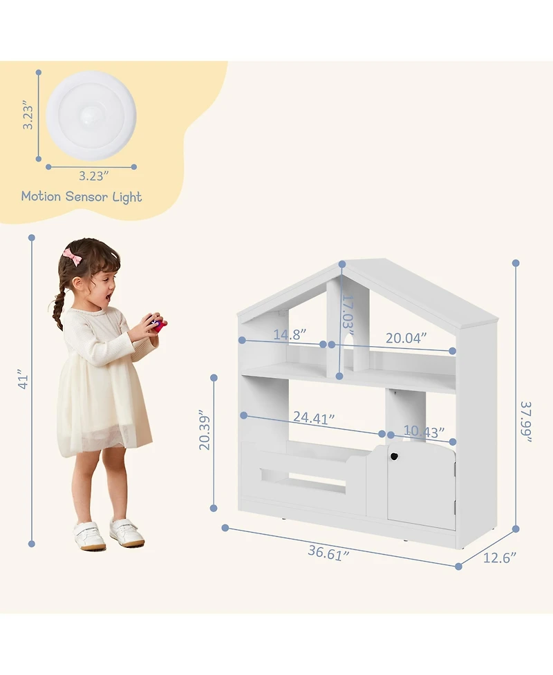 homfan 2-Tier Kids Bookshelf and Toy Storage with Motion Sensor Light, 36.6" Wide Wooden Bookcase for Nursery, Playroom Bedroom