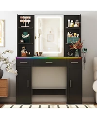 Aheaplus Vanity Desk with Mirror, Farmhouse Rgb Lights and 3 Drawers