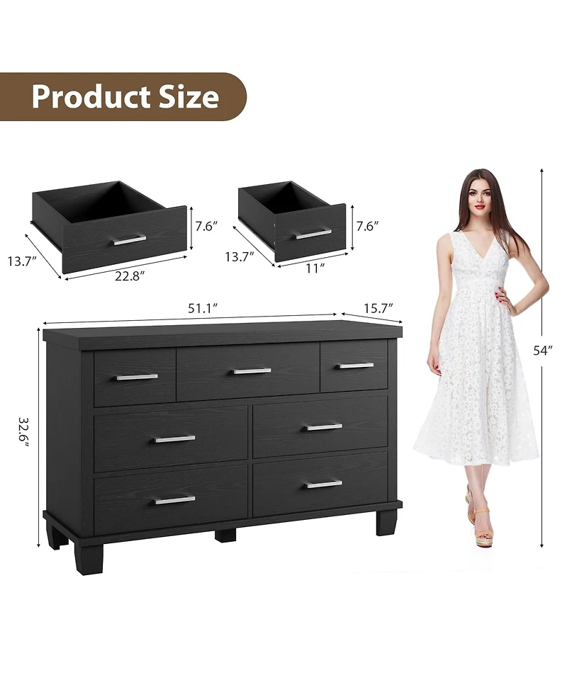 homfan 7 Drawers Modern Wood Dresser, 51" Wide Chest of Closet, Wooden Organizer with Metal Handle, for Bedroom, Living Room