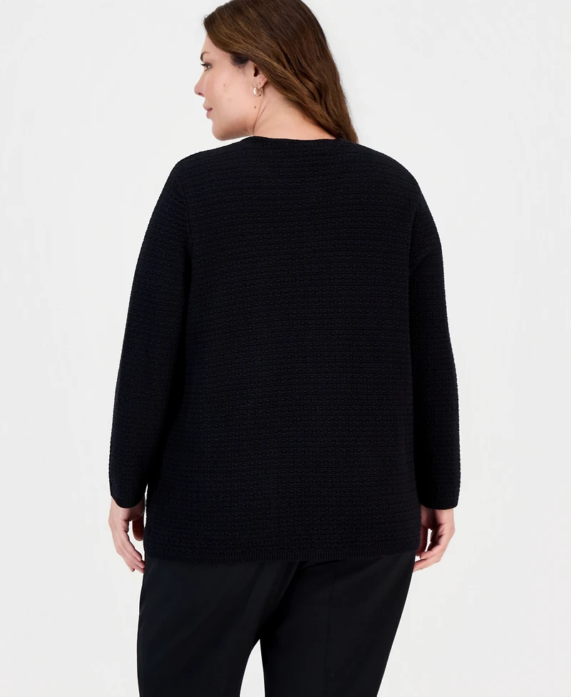 Kasper Plus Textured Patch-Pocket Crewneck Cardigan
