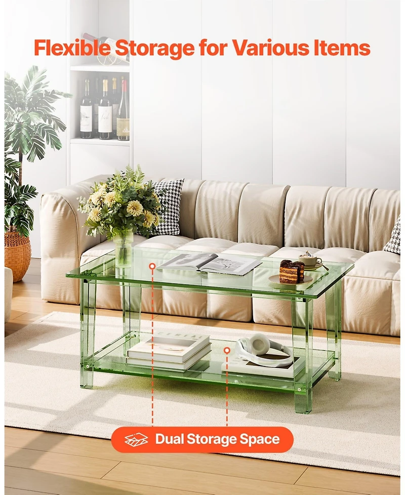 Gouun Transparent Acrylic 2-Tier Coffee Table with Storage Shelf