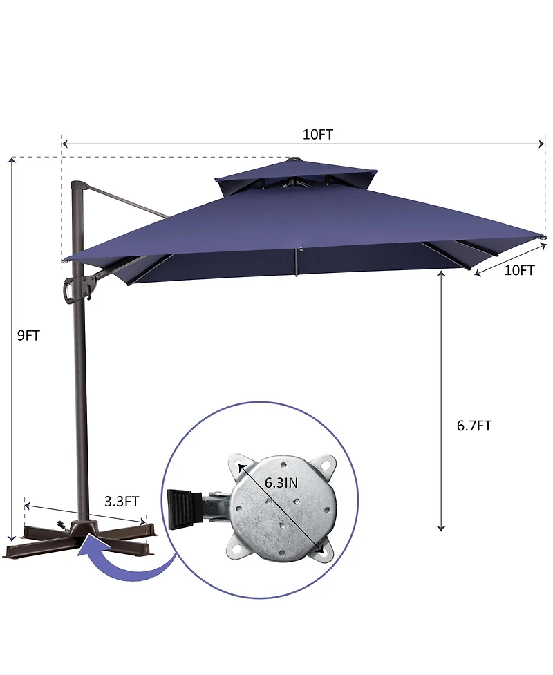 Pellebant Outdoor Patio Double Top 10x10 Ft Square Aluminum Cantilever Umbrella
