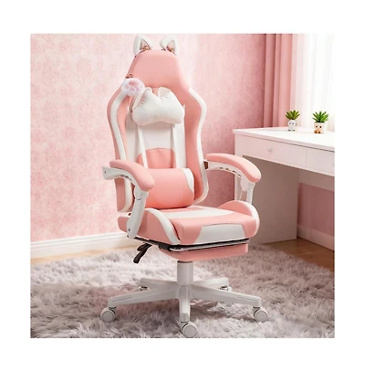 Flynama Cute Cat Style Gaming Chair with Footrest,Faux Leather Gamer Chair