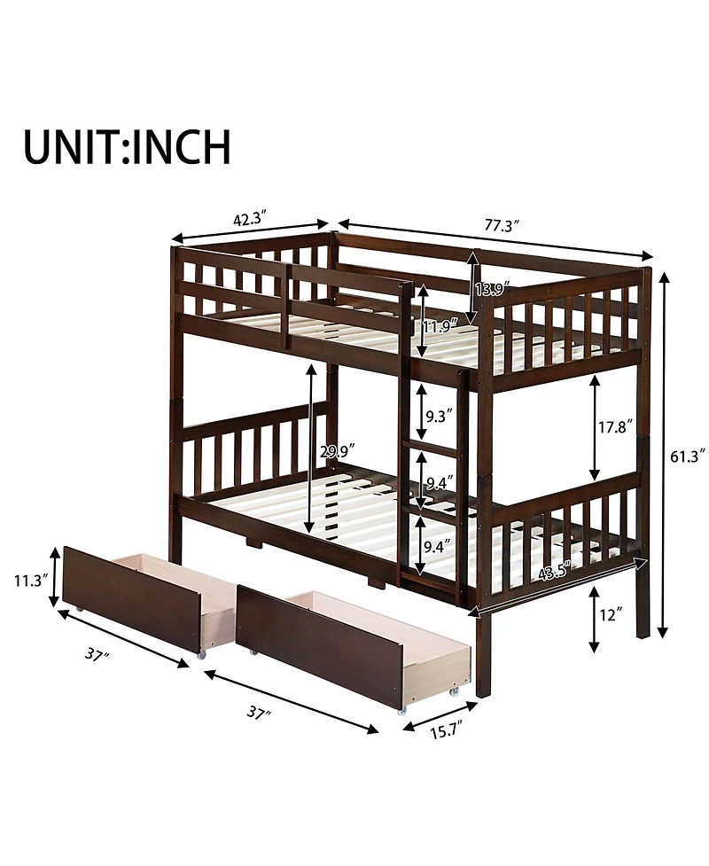 Sailvan Rubber Wood Bunk Bed with 2 Drawers, Convertible into 2