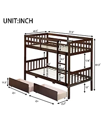 Sailvan Rubber Wood Bunk Bed with 2 Drawers, Convertible into 2