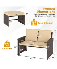 Gymax Loveseat w/ Ottomans Set of 3 Patio Pe Wicker Furniture Set w/ Cushions Outdoor