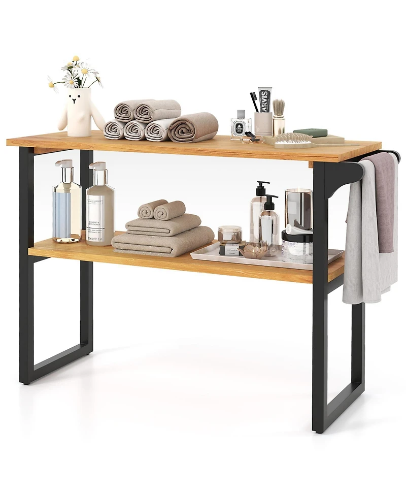 sumyeg 2-Tier Solid Teak Wood Bathroom Shelf with Towel Rack