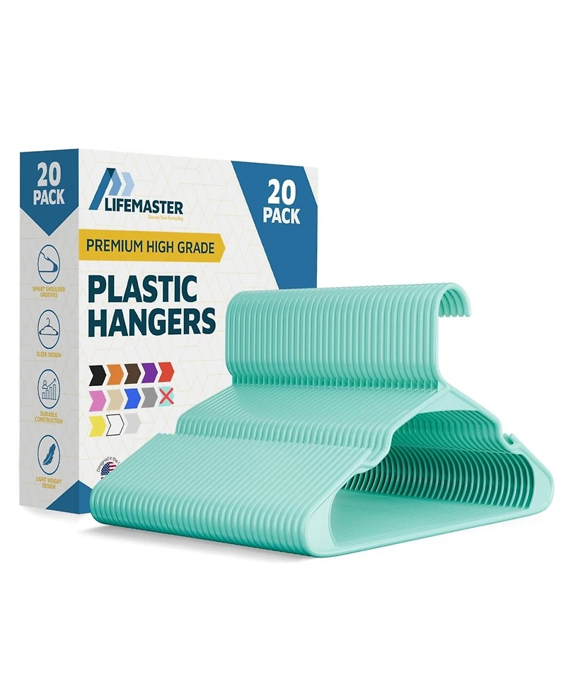Lifemaster aqua plastic hangers with non-slip shoulder grooves space-saving design holds up to 5 lbs. Pack of 20 for organizing clothes and coats