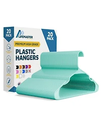 Lifemaster aqua plastic hangers with non-slip shoulder grooves space-saving design holds up to 5 lbs. Pack of 20 for organizing clothes and coats
