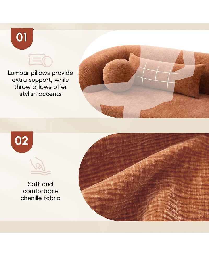 Rainsken 86" Curved Cloud Sofa, Chenille Boneless Couch with Pillows and High-Density Foam, 3-Seater Compressed Sofa for Living Room