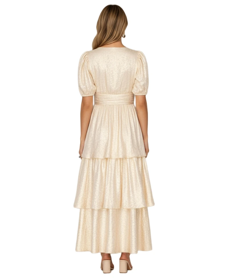 Modenaire Women's Lucille Metallic Puff-Sleeve Tiered Maxi Dress