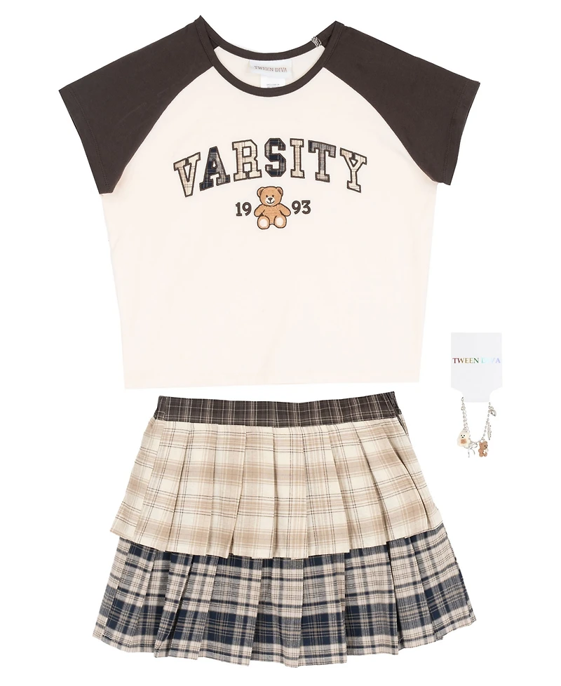 Tween Diva Girls' 7-16 Graphic Raglan T-Shirt, Mixed Plaid Tiered Skort and necklace, 3-Piece Set