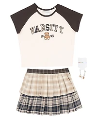 Tween Diva Girls' 7-16 Graphic Raglan T-Shirt, Mixed Plaid Tiered Skort and necklace, 3-Piece Set