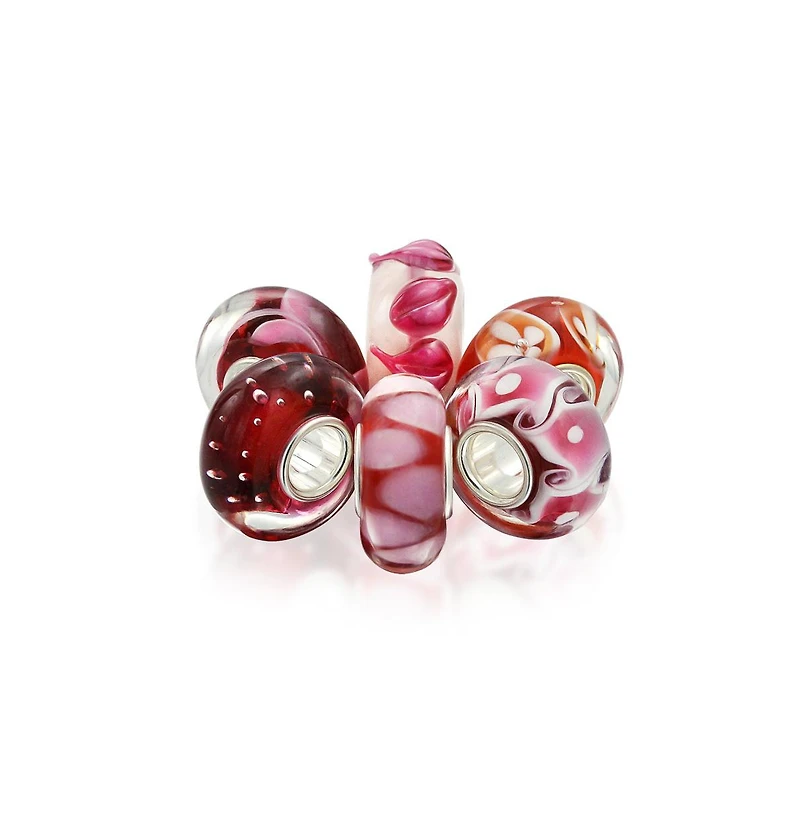 Bling Jewelry Mixed Set Red Pink Floral Murano Glass Flower Charm Bead Sterling Silver Core For Bracelet