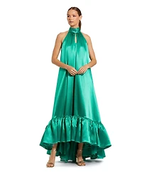 Mac Duggal Women's Sleeveless Halter Neck Satin High-Low Gown