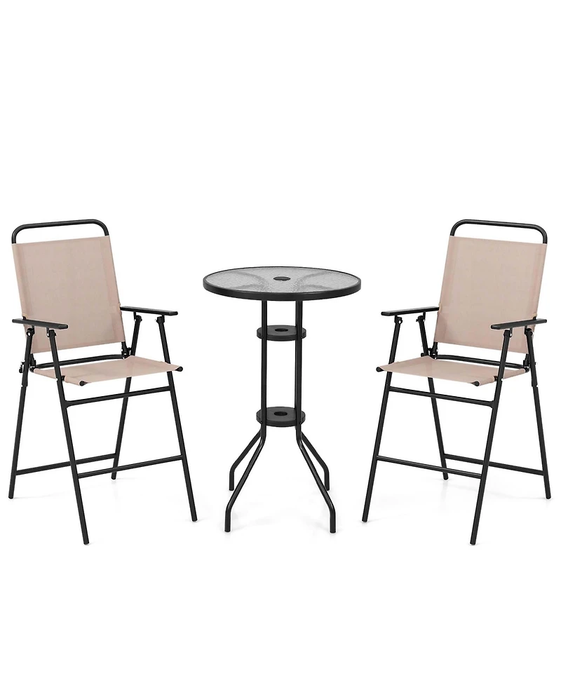 Costwayv 3PCS Patio Bistro Set Folding Chairs Round Bar Table with 1.6'' Umbrella Hole Yard