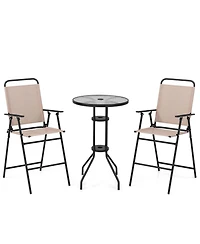 Costwayv 3PCS Patio Bistro Set Folding Chairs Round Bar Table with 1.6'' Umbrella Hole Yard