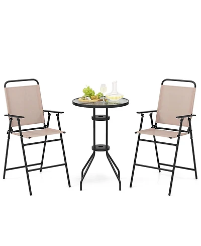 Costwayv 3PCS Patio Bistro Set Folding Chairs Round Bar Table with 1.6'' Umbrella Hole Yard