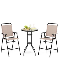 Costwayv 3PCS Patio Bistro Set Folding Chairs Round Bar Table with 1.6'' Umbrella Hole Yard