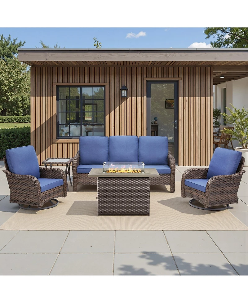 Pocassy 5 Pieces Patio Furniture Set, Outdoor Wicker Sofa Couch with Swivel Chairs Fire Pit Table, High Back All Weather Modern Conversation Sets