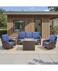 Pocassy 5 Pieces Patio Furniture Set, Outdoor Wicker Sofa Couch with Swivel Chairs Fire Pit Table, High Back All Weather Modern Conversation Sets