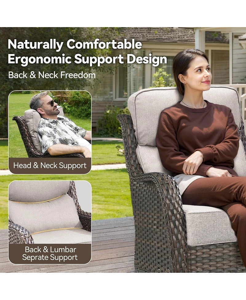 Pocassy Outdoor Swivel Chair Thick Cushion with Fire Pit Table Patio Furniture Set
