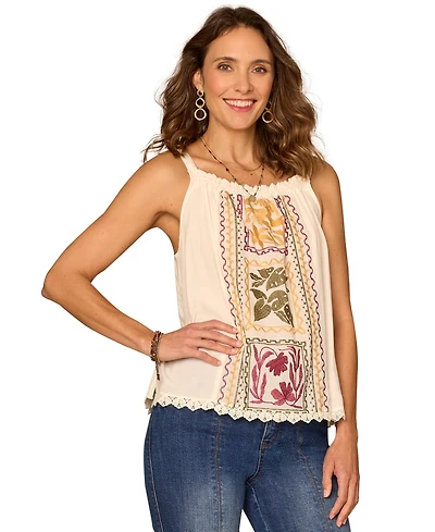 Democracy Women's Ruched Square Neck Embroidered Tank Top