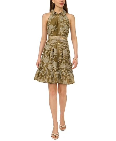 CeCe Women's Belted Sleeveless Collared Dress