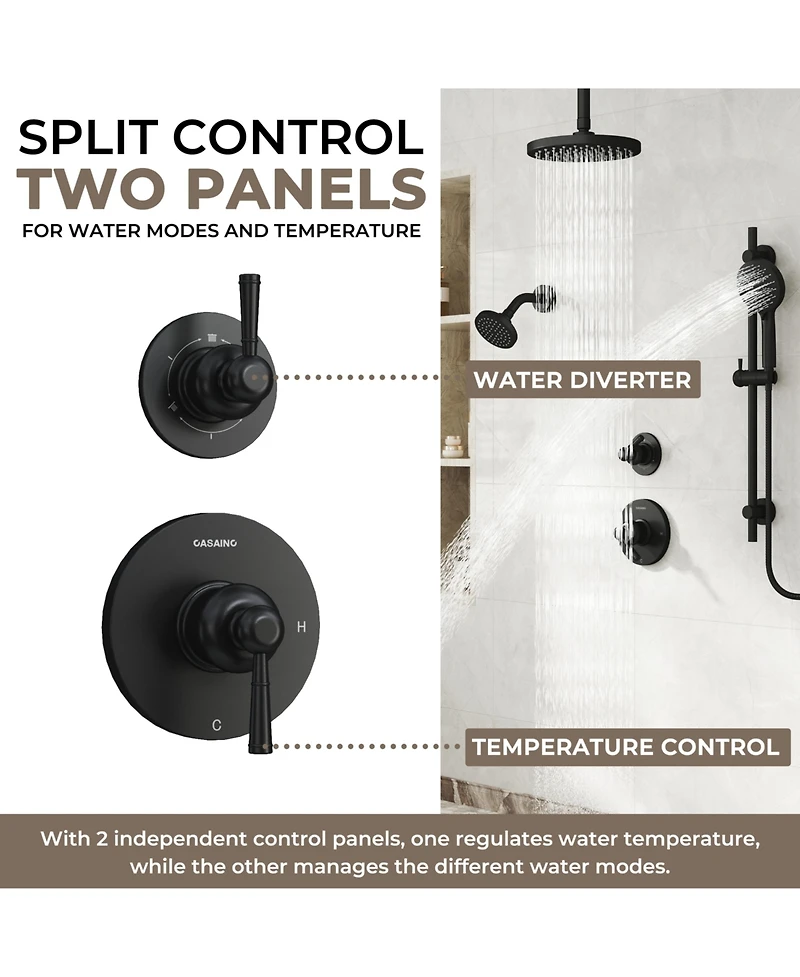 Casainc Dual Heads 3-Function Rainfall Shower System with 3-Mode Handheld and Adjustable Slide Bar
