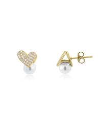 The Lovery Pearl Heart Cz Stud Earrings 14K Gold-Plated Sterling Silver
