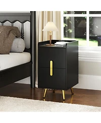 Gymax 2-Pieces Nightstand with Charging Station Home Bedside Sofa Side Tables with 2 Drawers