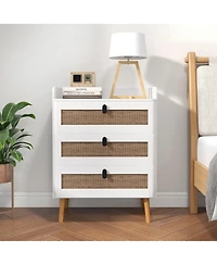 Gymax Modern Nightstand End Bedside Table with 3 Rattan Drawers and Solid Wood Legs