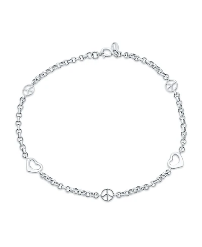 Bling Jewelry Peace Sign and Hearts Charm Anklet Ankle Bracelet .925 Sterling Silver Adjustable 9-10 Inch