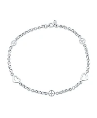 Bling Jewelry Peace Sign and Hearts Charm Anklet Ankle Bracelet .925 Sterling Silver Adjustable 9-10 Inch