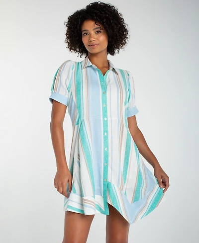 Liverpool Los Angeles Women's Short-Sleeve Asymmetrical Hem Woven Shirt Dress