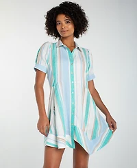 Liverpool Los Angeles Women's Short-Sleeve Asymmetrical Hem Woven Shirt Dress
