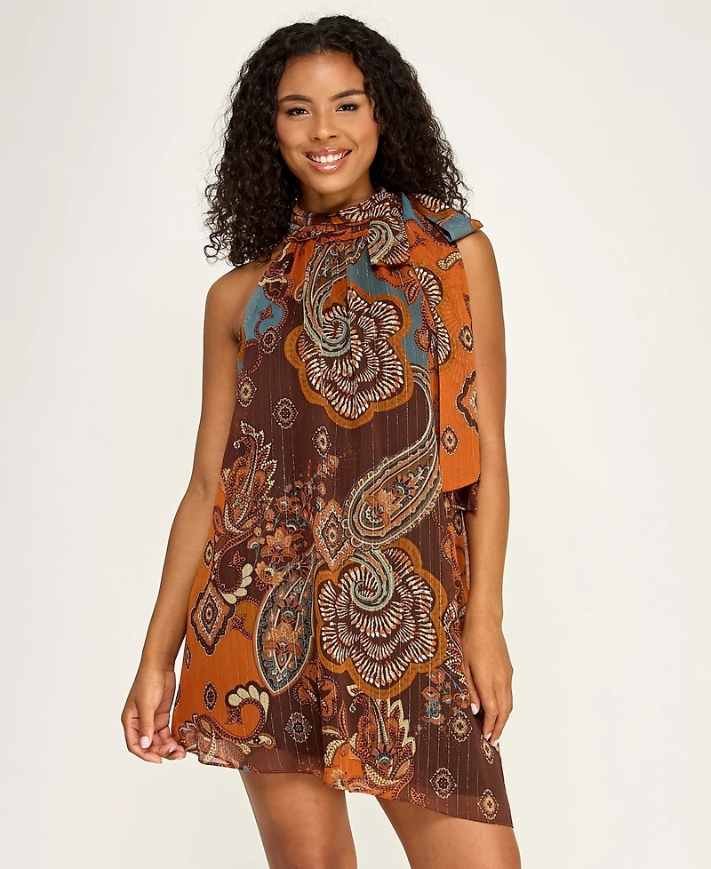 Seni & Cade Juniors' Mock Neck Paisley Print Short Dress