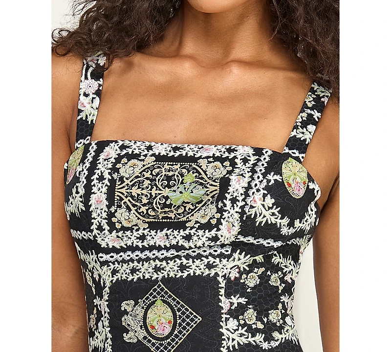 Seni & Cade Juniors' Printed Square Neck Eyelet Drop Waist Short Dress