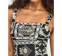 Seni & Cade Juniors' Printed Square Neck Eyelet Drop Waist Short Dress