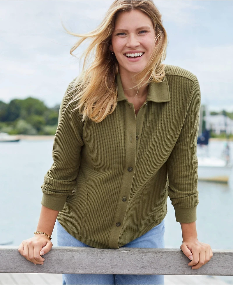 Lands' End Women's Petite Long Sleeve Waffle Collared Shacket