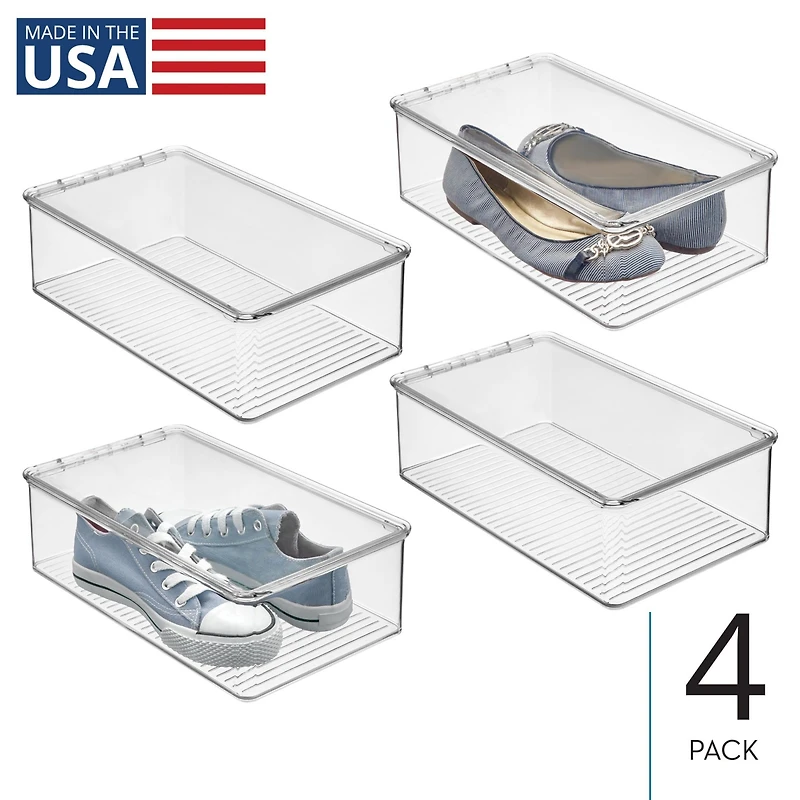 Stackable Shoe Box with Lid for Sneakers or Flats, Set of 4, Clear