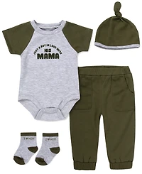Baby Essentials Boys' Short-Sleeve Bodysuit, Hat, Socks and Pants, 4-Piece Set