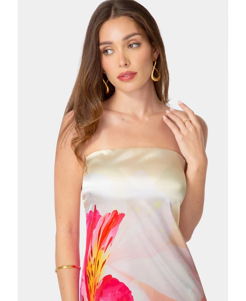 Bebe Women's Printed Satin Strapless Maxi Dress