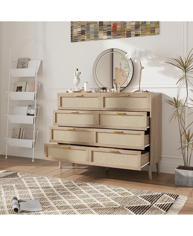 homfan 47 Inch Farmhouse Rattan 8-Drawer Dresser, Wide Wooden Storage Chest with Sturdy Wood Legs