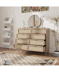 homfan 47 Inch Farmhouse Rattan 8-Drawer Dresser, Wide Wooden Storage Chest with Sturdy Wood Legs