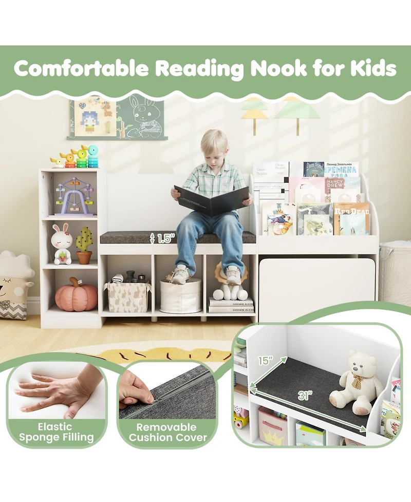 Gymax Wooden Kids Bookshelf with Reading Nook Padded Seat Open Cubes Adjustable Shelf
