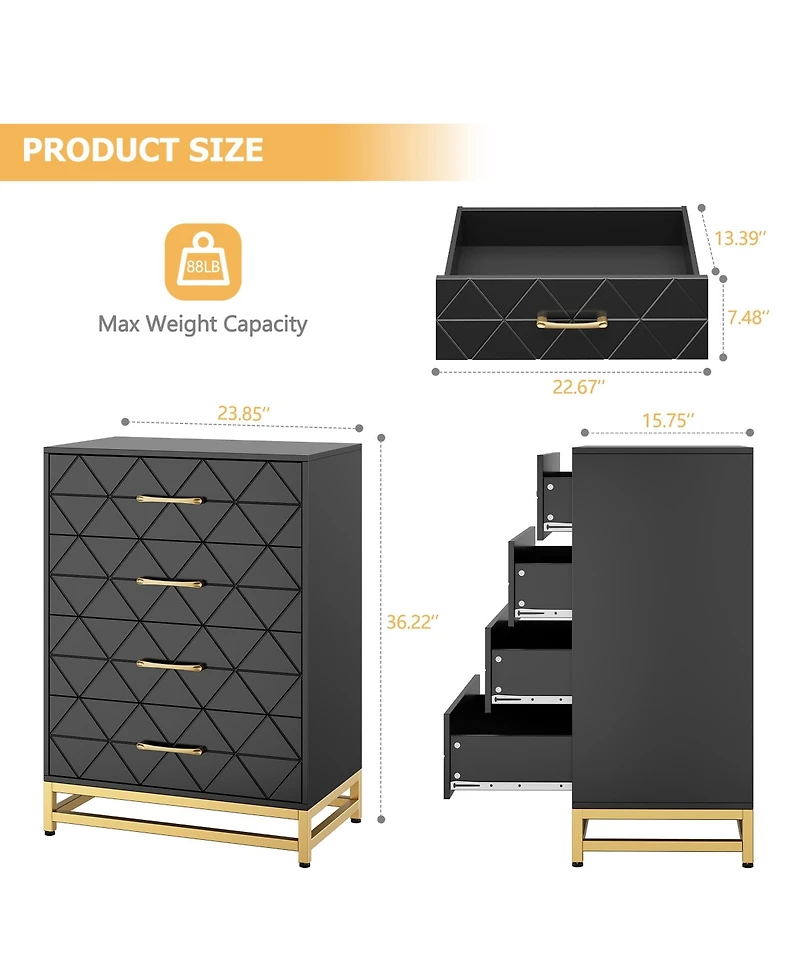 homfan Tall 4-Drawer Modern Dresser, Wood Storage Chest with Metal Accents, Multi-use Cabinet for Bedroom, Hallway and Living Room
