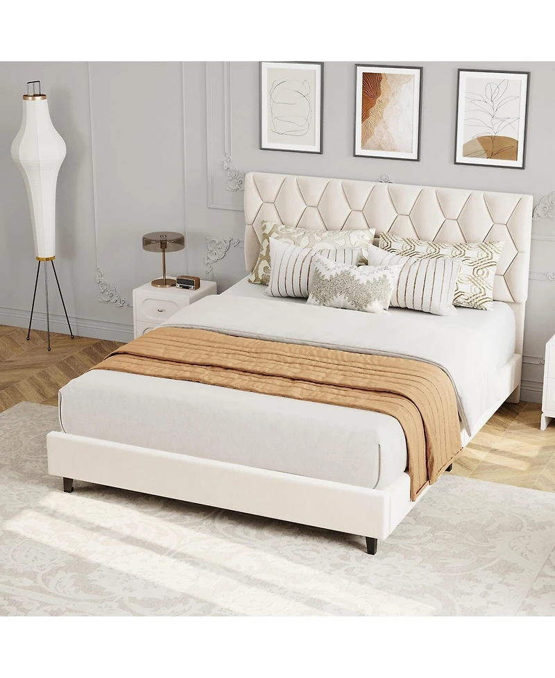 homfan Upholstered Platform Bed Frame with Adjustable Headboard, Wood Slat Support, Noise-Reducing Design, No Box Spring Needed