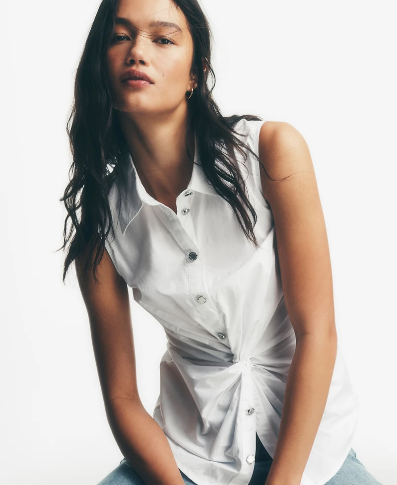 Dkny Jeans Women's Sleeveless Collared Twist Front Button-Up Shirt